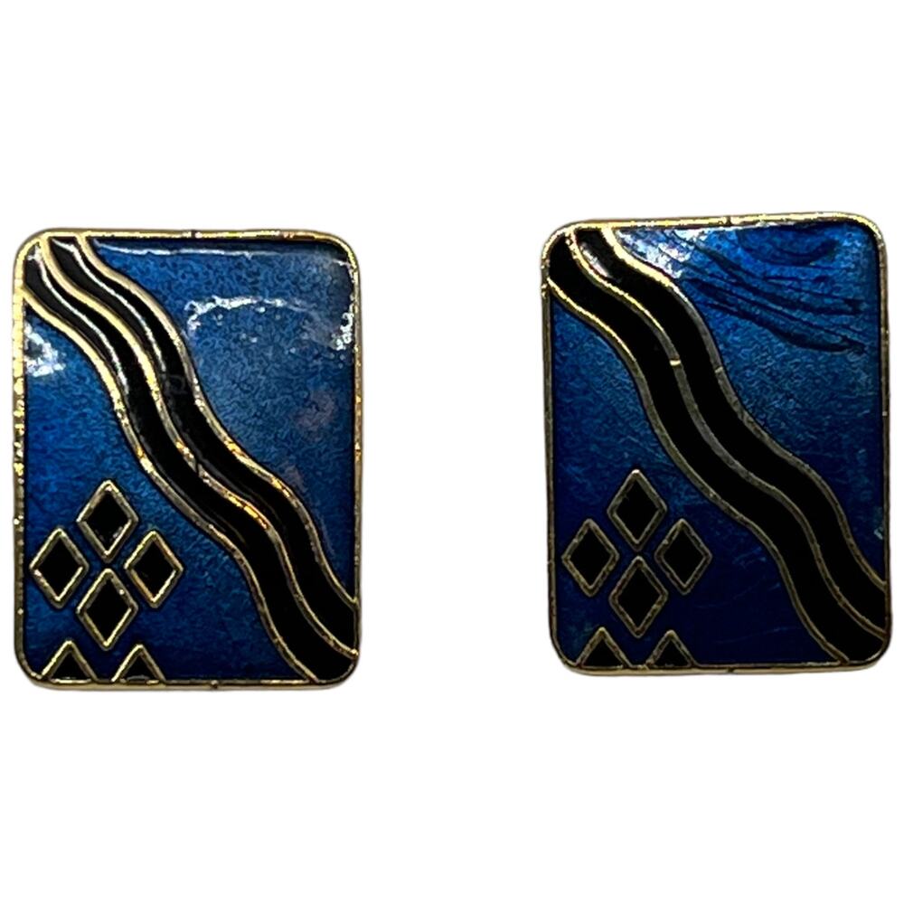 Blue, Gold & Black Enamel Post Earrings for Pierced Ears Retro 1980s Jewelry